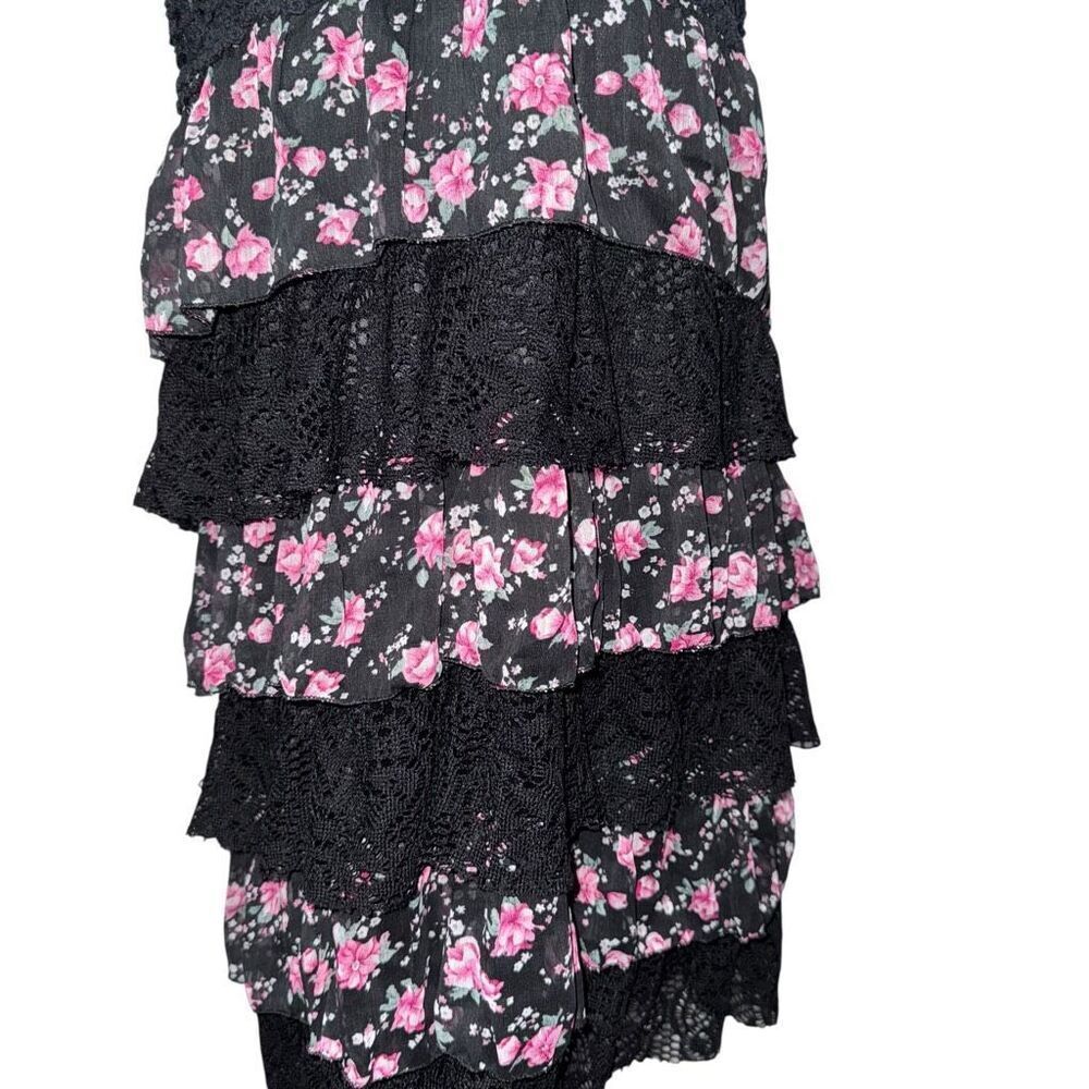 Interi Black spaghetti strap Sleeveless Lace Floral Mini layered fringe Dress L - Picture 7 of 11